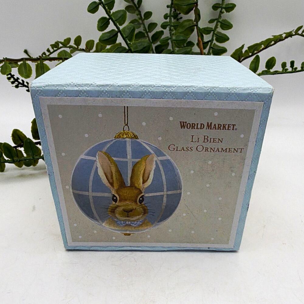 World Market Li Bien Hand-Painted Glass Easter Bunny Plaid Bauble Blue 2022